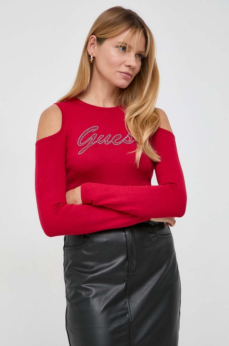 Guess sweter damski kolor czerwony lekki