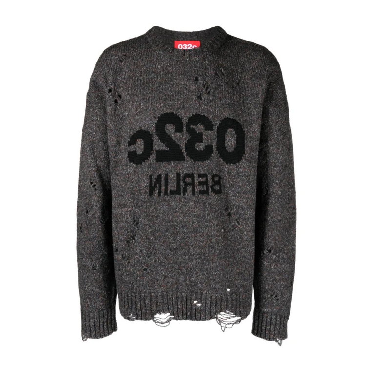 Szara Rozciągnięta Sweter z Logo Intarsia-Knit 032c