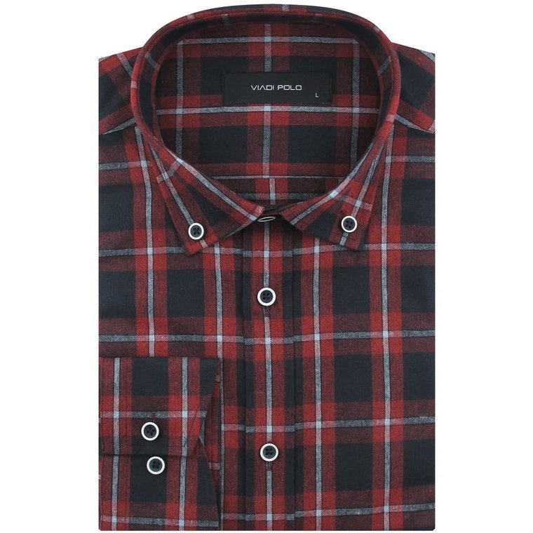 Flanelowa Koszula Męska Codzienna Casual bordowa w kratkę z długim rękawem w kroju SLIM FIT Viadi Polo J092