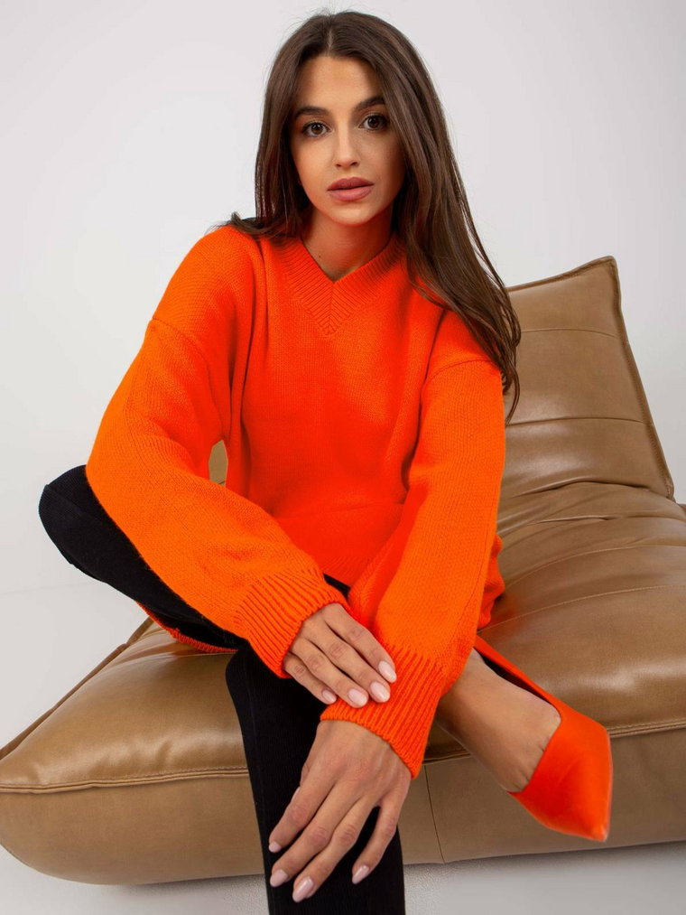 Sweter dzianinowa pomarańczowy casual sukienka dekolt w kształcie V rękaw długi długość przed kolano