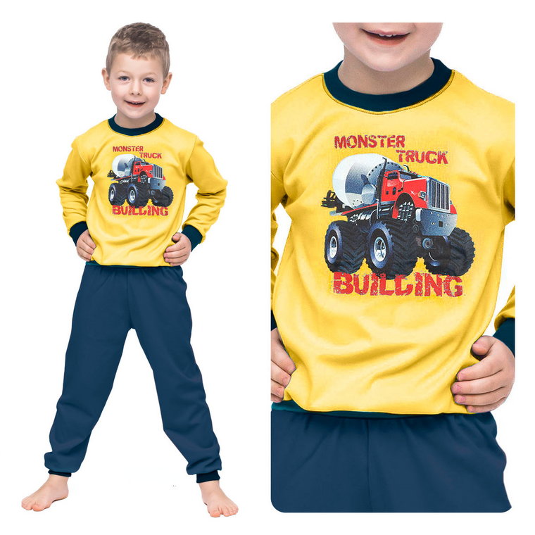 Kolorowa Ciepła Piżama Dziecięca Dla Chłopców Z Długimi Rękawami Bawełna 100% Żółta Monster Truck  92