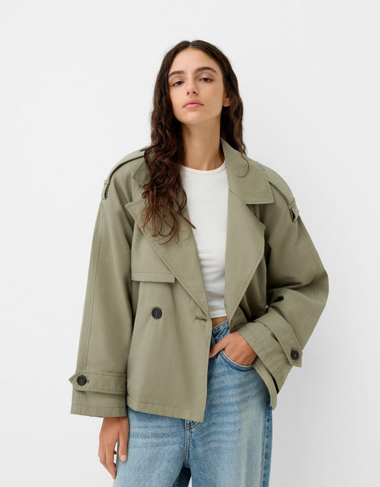 Bershka Krótki Trencz Kobieta Xs Khaki