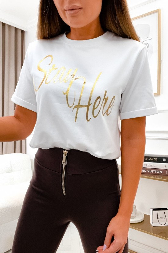 T-shirt stay here gold biały