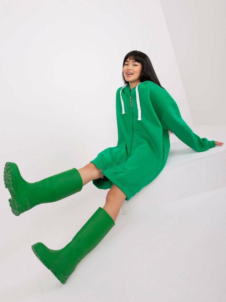 Bluza długa zielony casual sportowy kaptur rękaw długi długość troczki ocieplenie kieszenie suwak