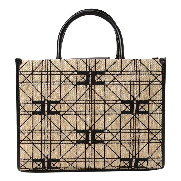 Czarna Torba Shopper z Raffia Jacquard Elisabetta Franchi