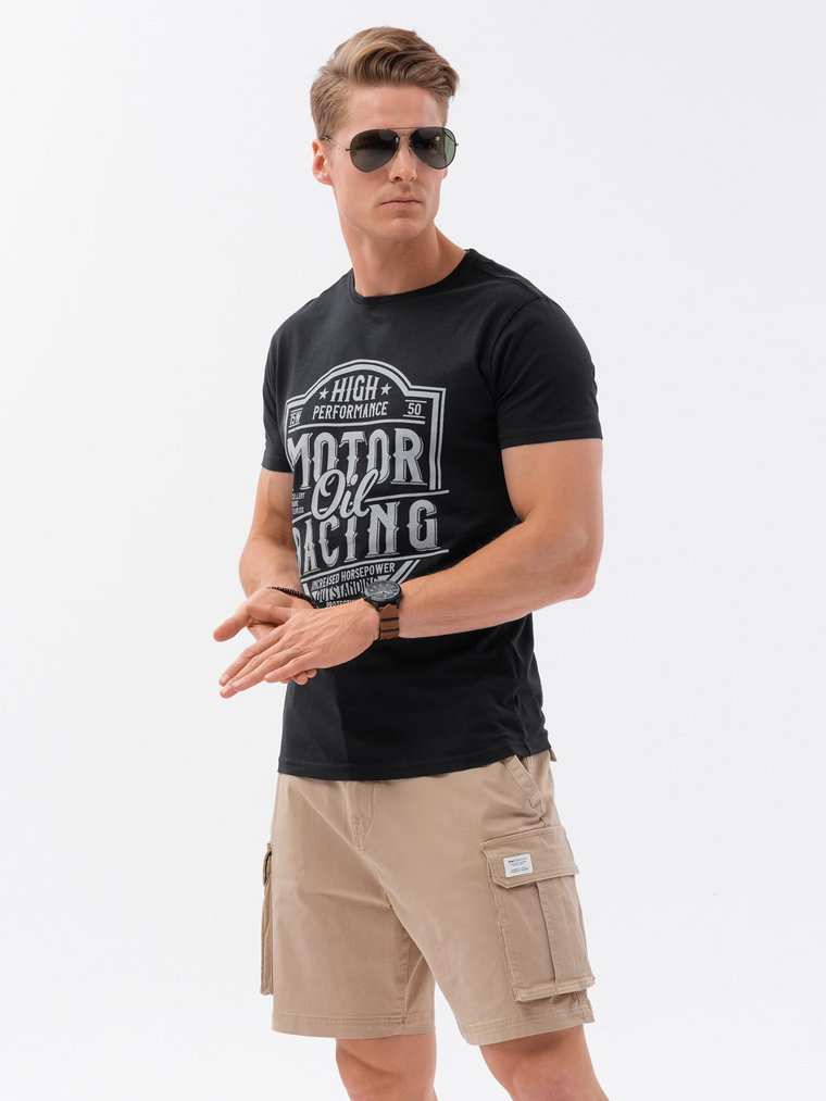 T-shirt męski bawełniany z nadrukiem - czarny V1 S1735