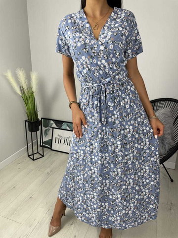 Błękitna Sukienka Maxi w Kwiaty