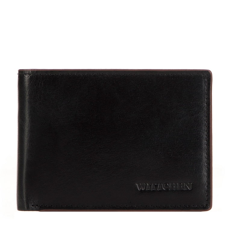 Męski portfel skórzany z brązową lamówką mały poziomy