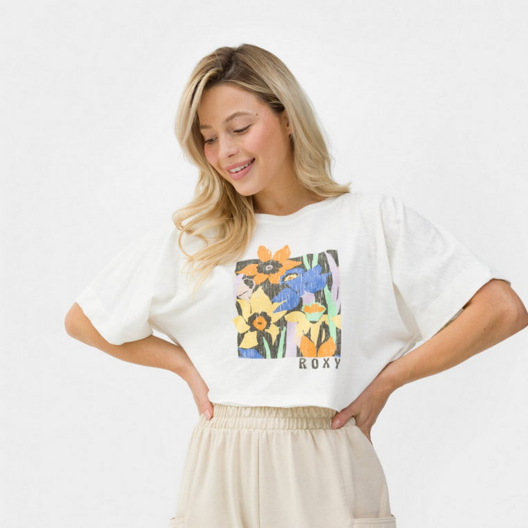 Damski t-shirt oversize z nadrukiem Roxy Tiki And Surf - biały
