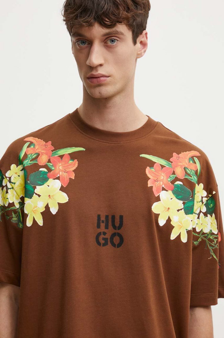 HUGO t-shirt bawełniany męski kolor brązowy z nadrukiem 50517425
