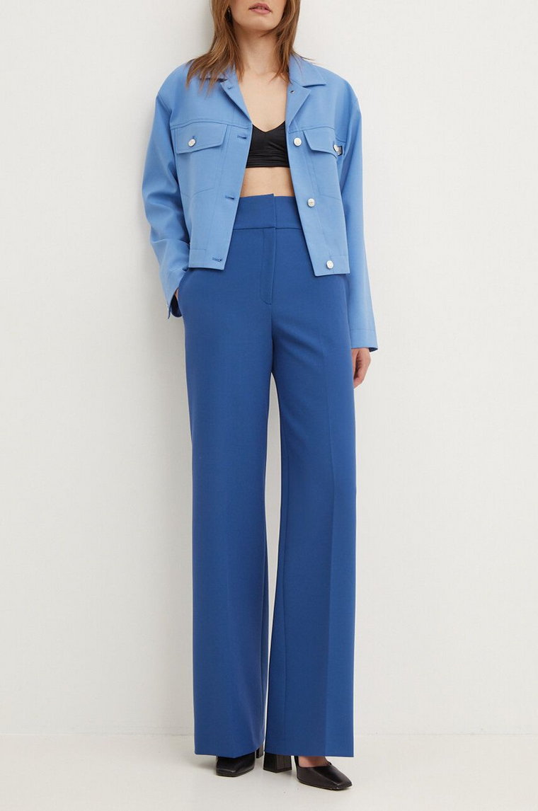 HUGO spodnie damskie kolor niebieski szerokie high waist