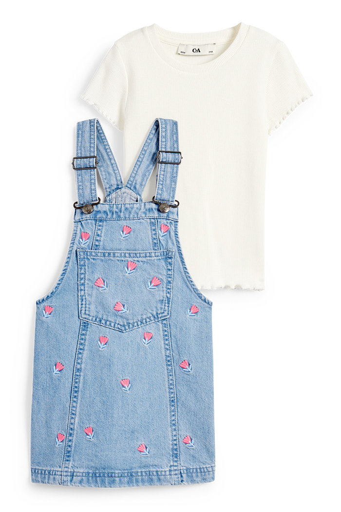 C&A Kwiaty-komplet-koszulka z krótkim rękawem i dżinsowa sukienka ogrodniczka-2 części, Niebieski, Rozmiar: 92