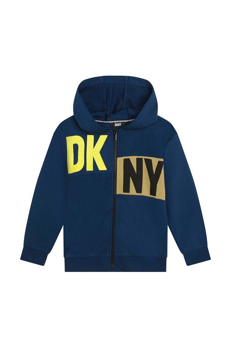 Dkny bluza dziecięca kolor granatowy z kapturem z nadrukiem