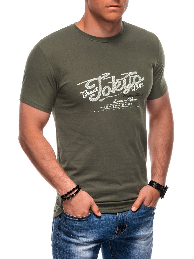 T-shirt męski z nadrukiem S1964 - khaki