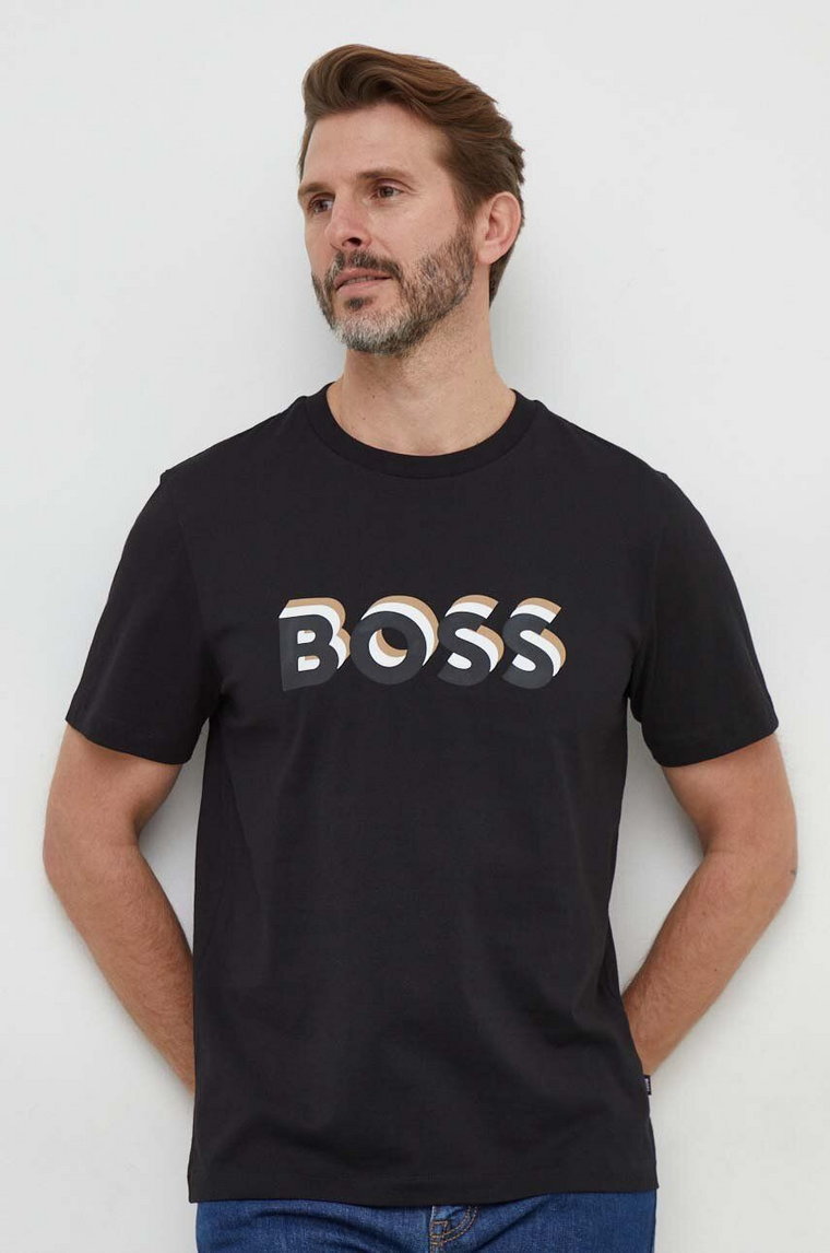 BOSS t-shirt bawełniany męski kolor czarny z nadrukiem