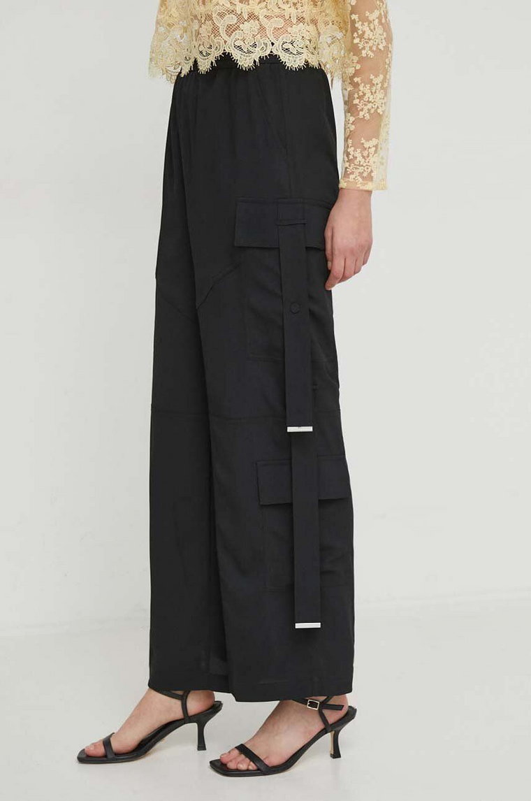 Sisley spodnie damskie kolor czarny szerokie high waist