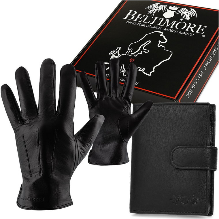 Zestaw męski skórzany portfel pionowy rękawiczki czarne Beltimore S/M