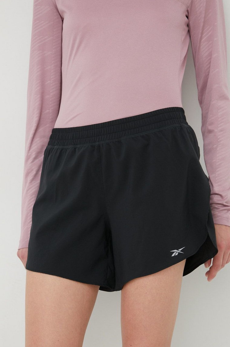 Reebok szorty do biegania HA1043 damskie kolor czarny gładkie medium waist