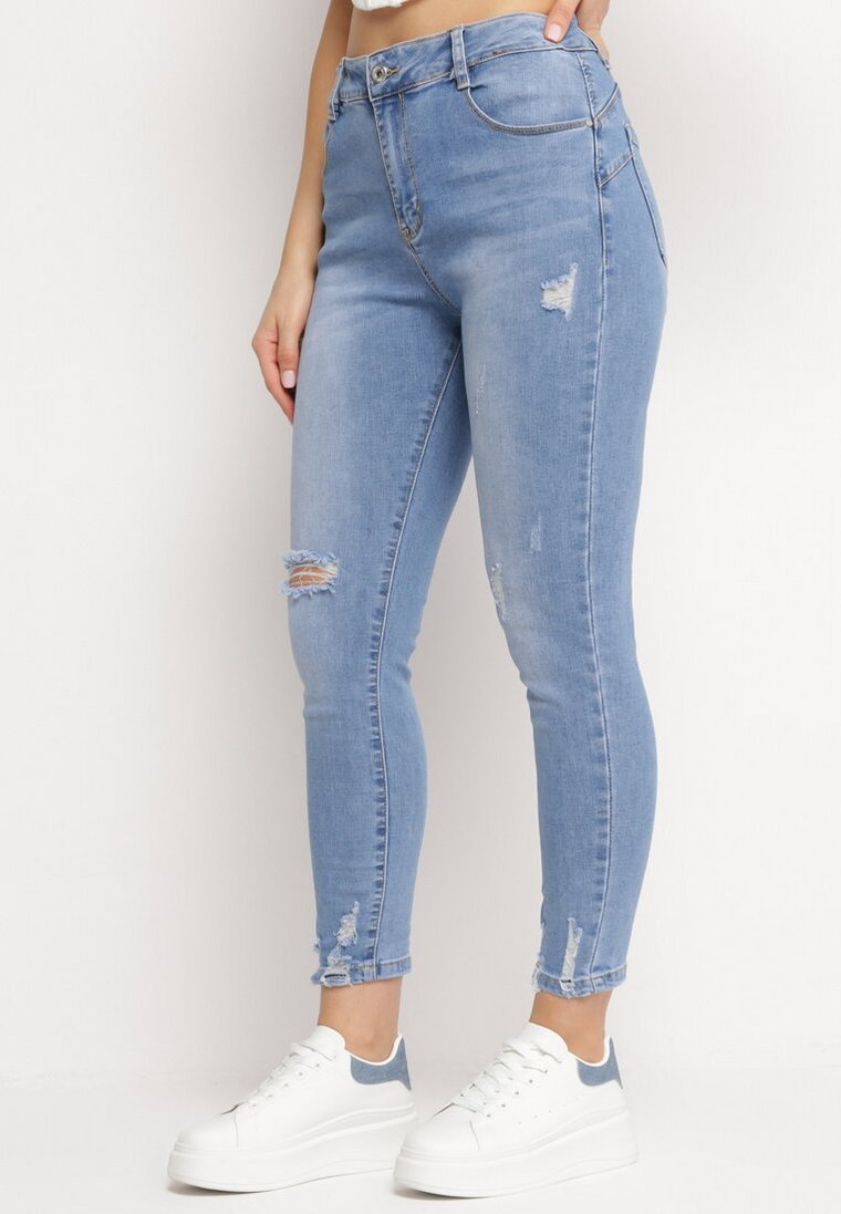 Niebieskie Jeansy Skinny Push Up z Ozdobnymi Przedarciami Funfea