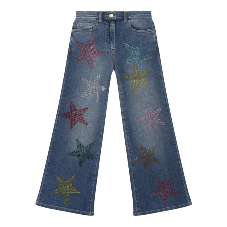 Dżinsowe spodnie z wielokolorowymi gwiazdami z kryształkami Monnalisa