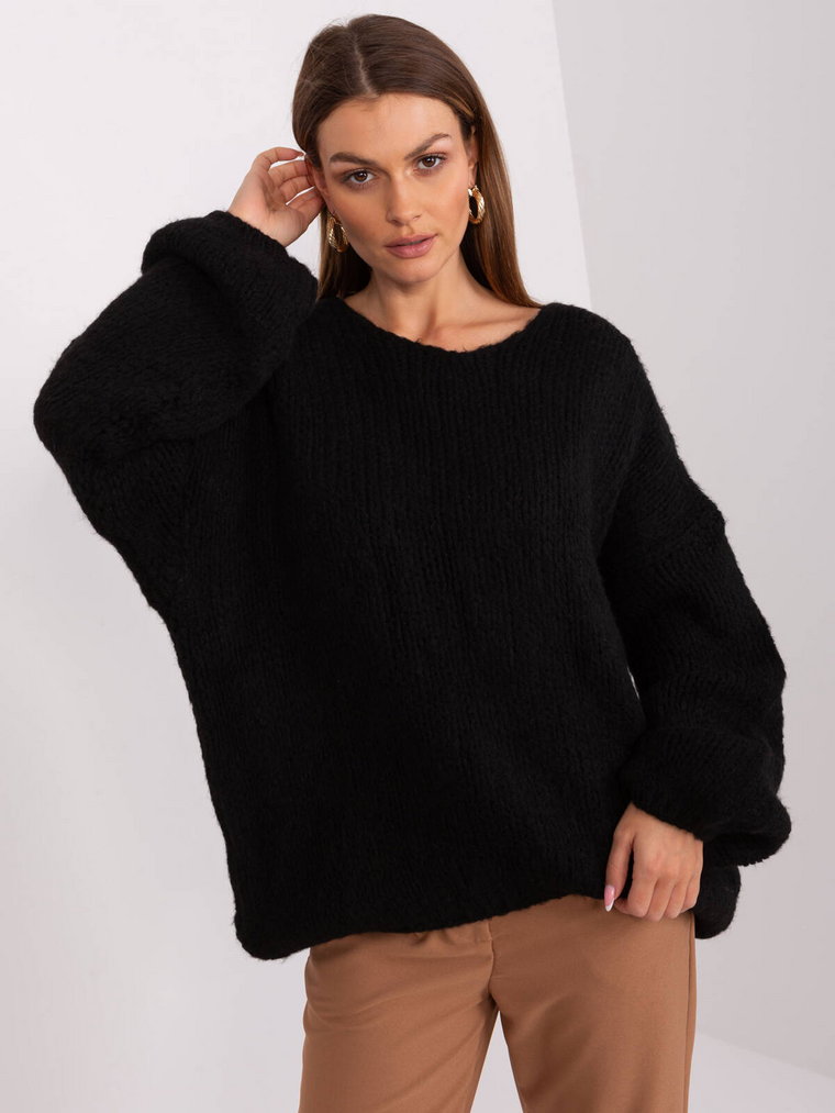 Sweter oversize czarny casual dekolt w kształcie V rękaw długi