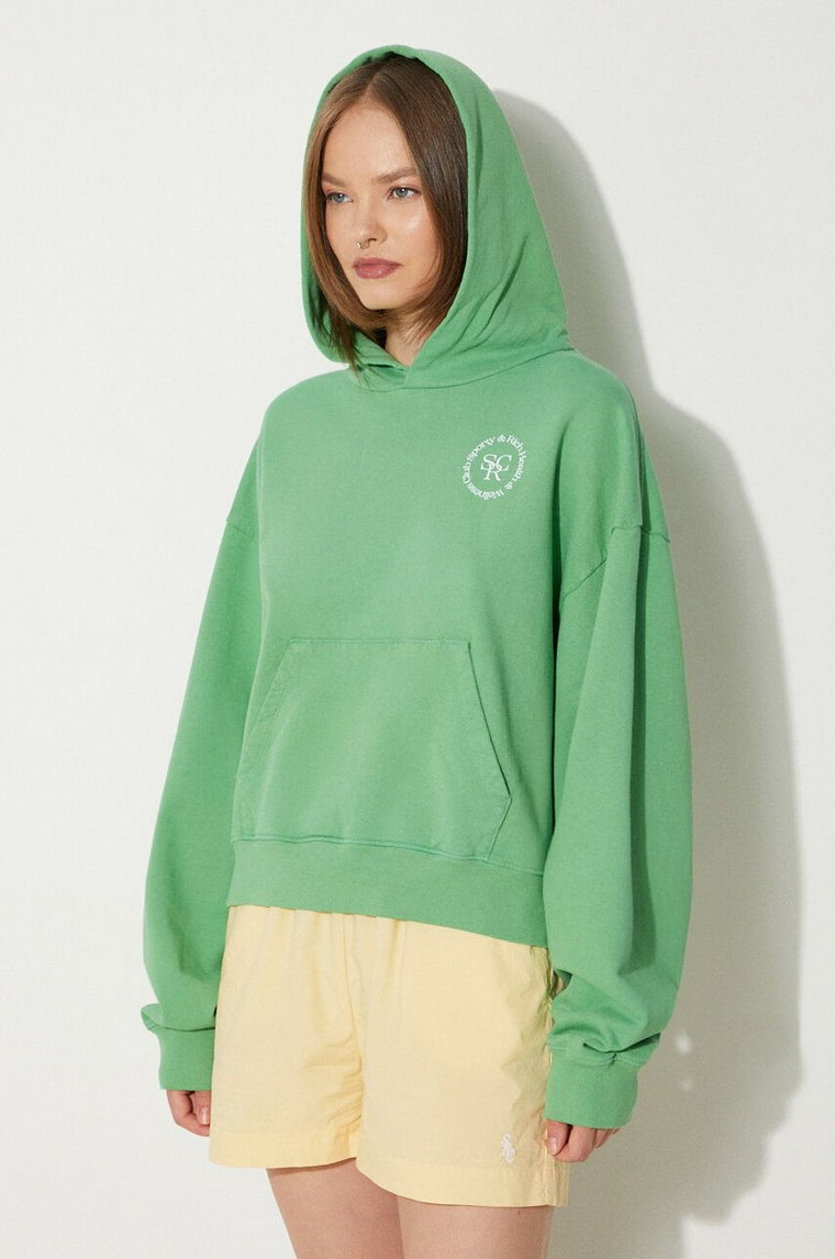 Sporty & Rich bluza bawełniana SRHWC Cropped Hoodie damska kolor zielony z kapturem z nadrukiem WS070S405SV