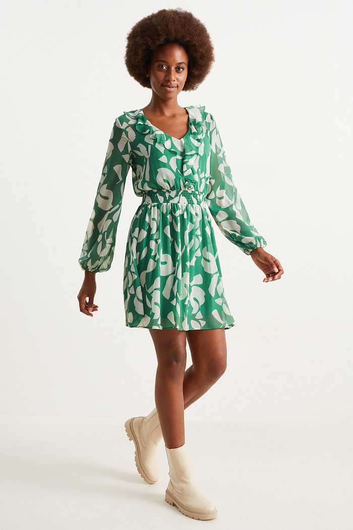 C&A Sukienka z szyfonu-ze wzorem, Zielony, Rozmiar: 48
