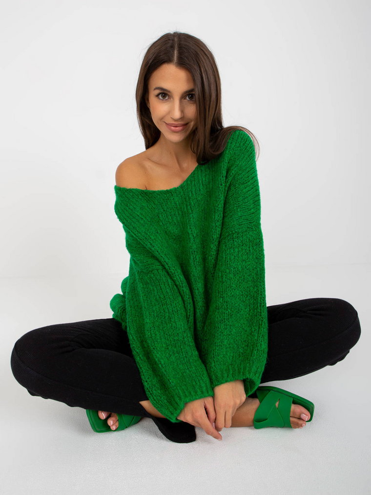 Sweter oversize zielony casual dekolt w kształcie V rękaw długi
