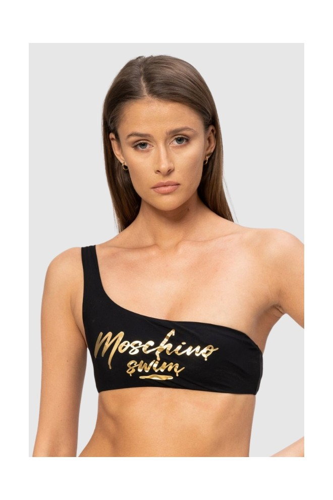 MOSCHINO Asymetryczna góra od bikini ze złotym logo