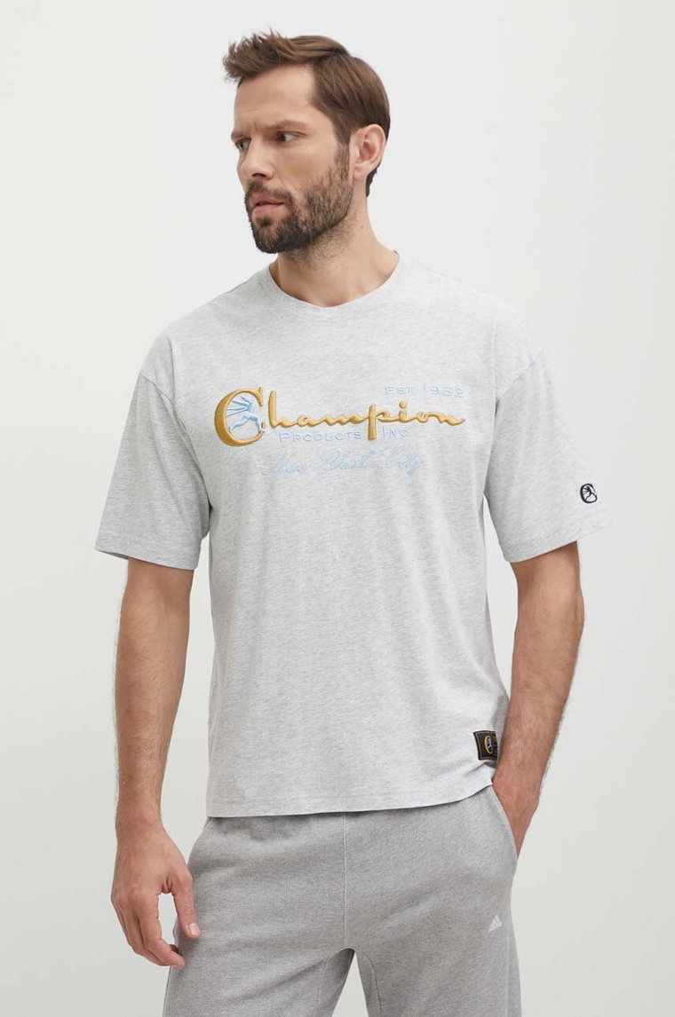 Champion t-shirt bawełniany męski kolor szary z aplikacją 219998