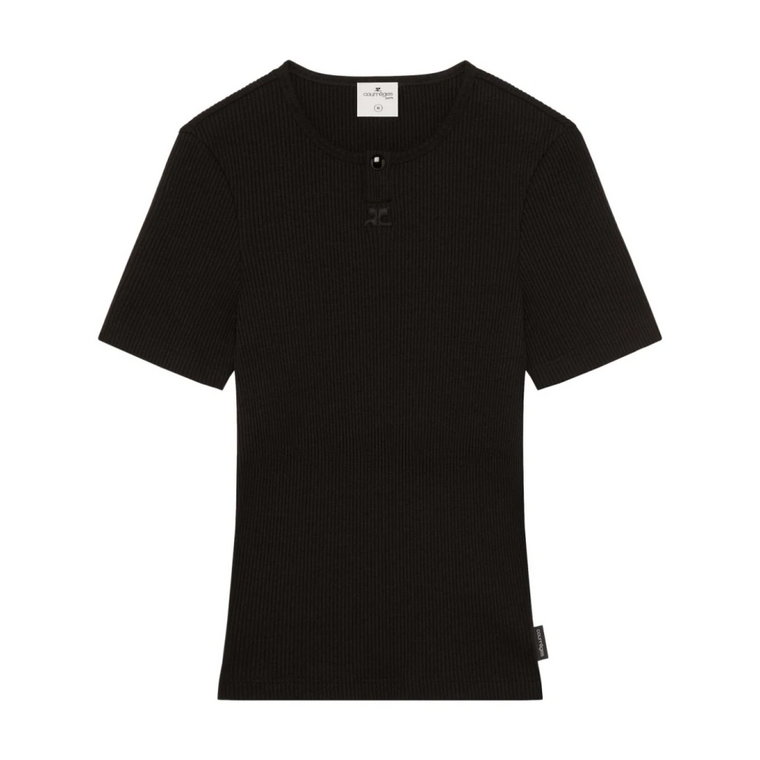 Czarna Koszulka z Logo i Wzorem w Paski Courrèges