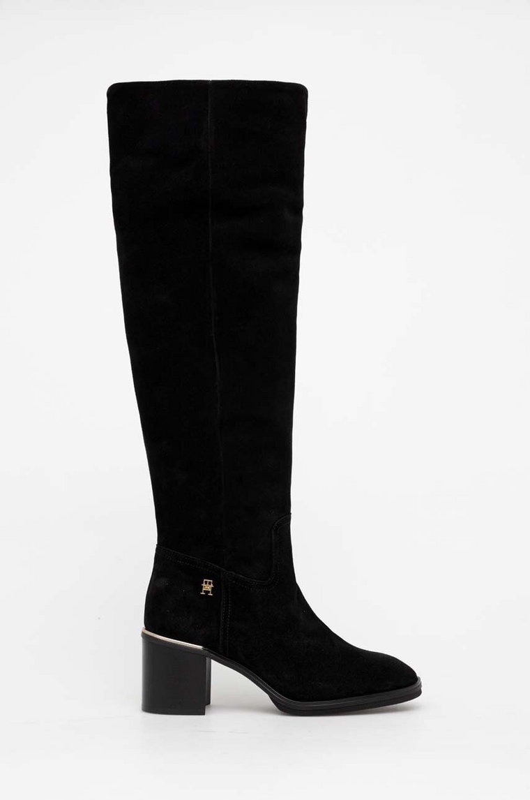 Tommy Hilfiger kozaki zamszowe FEMININE SUEDE OVERKNEE BOOT damskie kolor czarny na słupku FW0FW07667