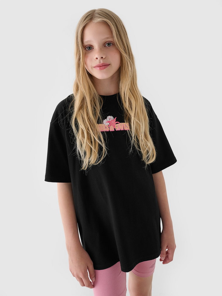 T-shirt oversize z nadrukiem dziewczęcy - czarny