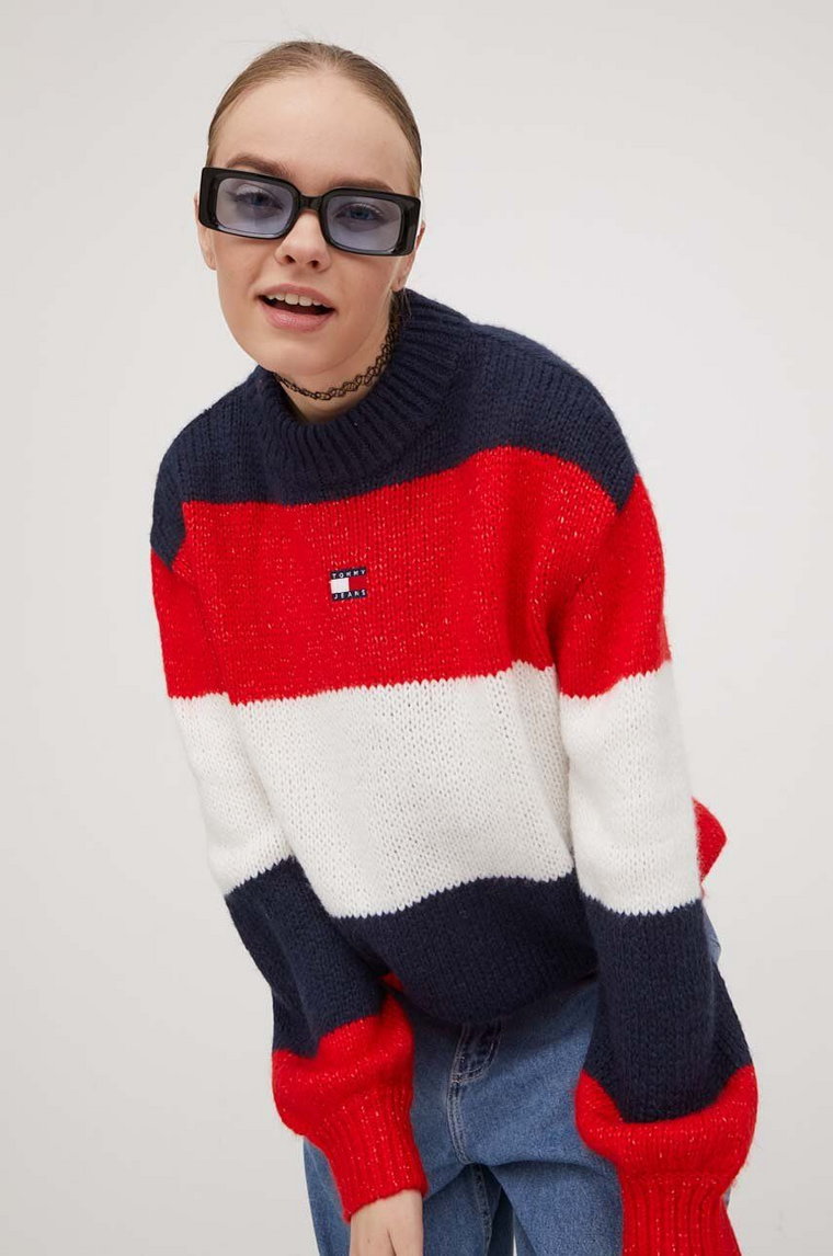 Tommy Jeans sweter z domieszką wełny damski kolor granatowy ciepły z półgolfem