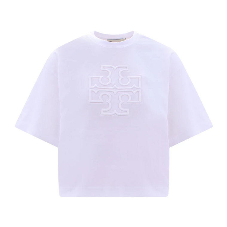 Biała koszulka Ss23 Crop Fit z dużym wytłoczonym logo Tory Burch