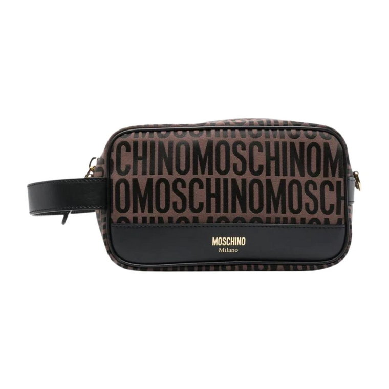 Brązowa Pochette z Logo Jacquard i Skórzanymi Wykończeniami Moschino