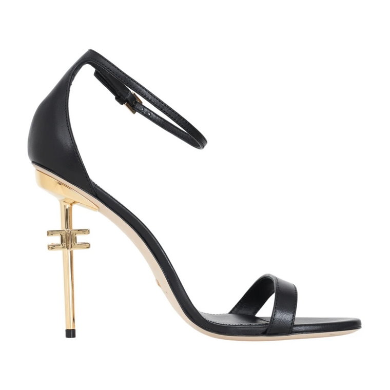 Czarne skórzane sandały z regulowanym paskiem na kostkę i piętą z metalowym logo Elisabetta Franchi