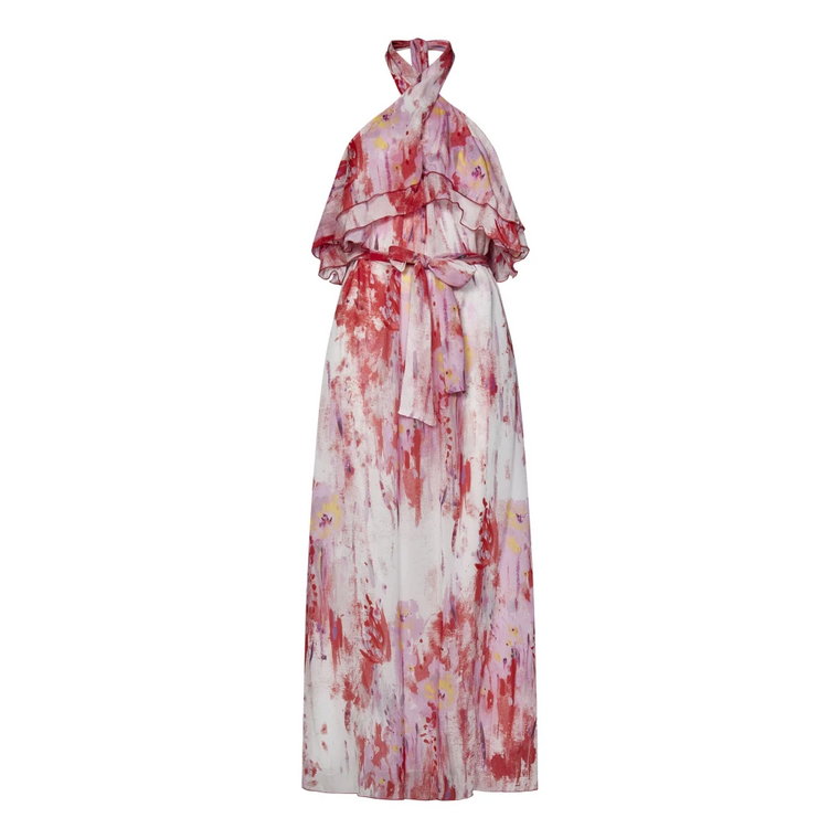 Różowa Sukienka z Dekoltem Halter i Artystycznym Wzorem Kwiatowym Msgm