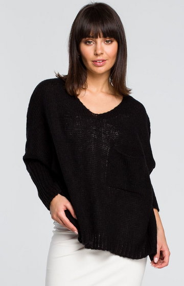 Sweter z kieszenią BK018, Kolor czarny, Rozmiar one size, BE Knit