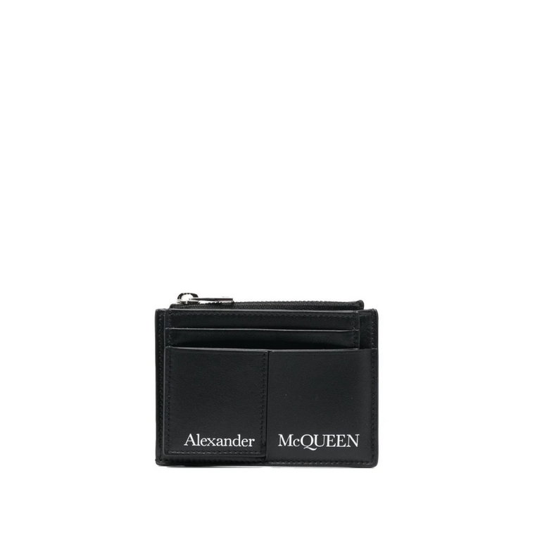 Czarna skórzana portmonetka z uchwytem na karty z logo Alexander McQueen