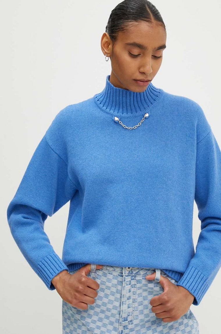 Moschino Jeans sweter z domieszką wełny damski kolor niebieski z półgolfem 0906.8204
