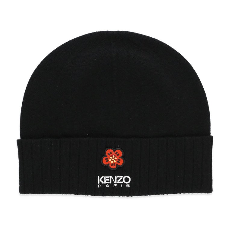 Czarna wełniana czapka z ikonicznym kwiatem Kenzo