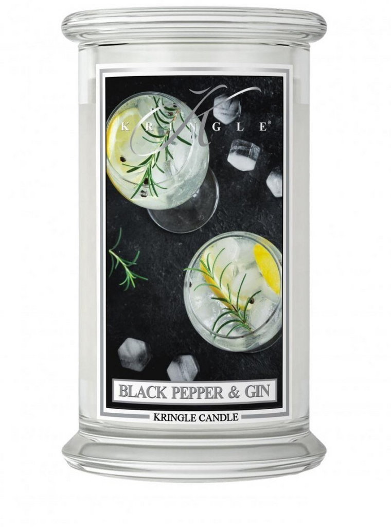 Świeca zapachowa Kringle Candle, Black Pepper Gin, duży, klasyczny słoik, 623 g, z 2 knotami