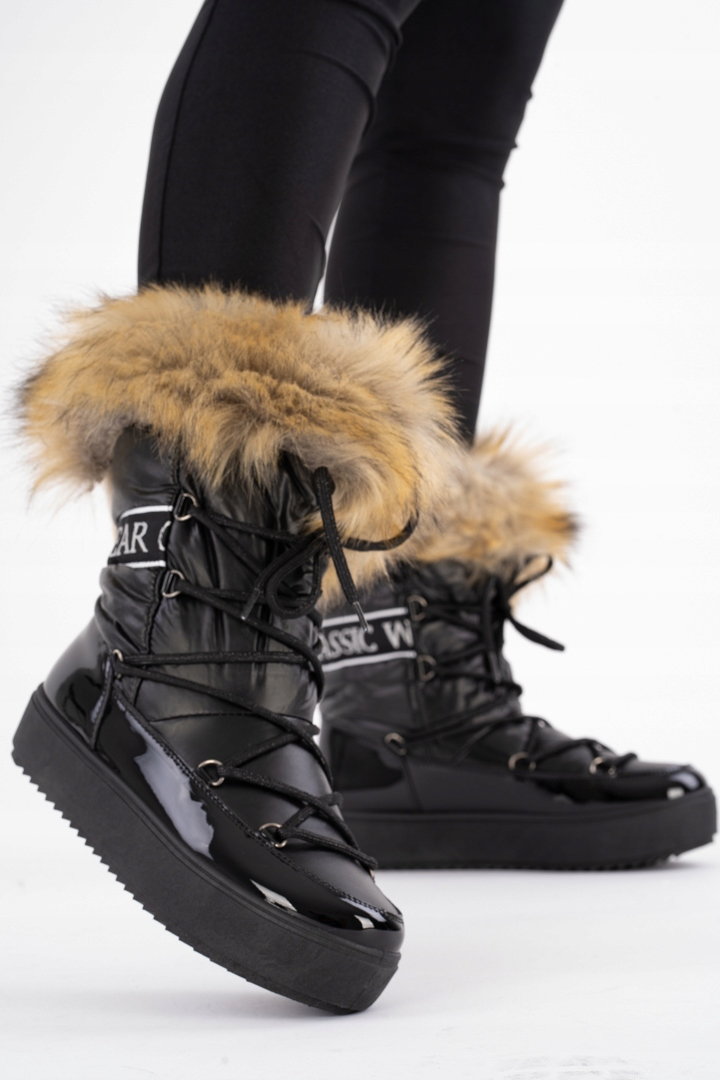 Czarne buty śniegowce eskimoski damskie z futrem 38