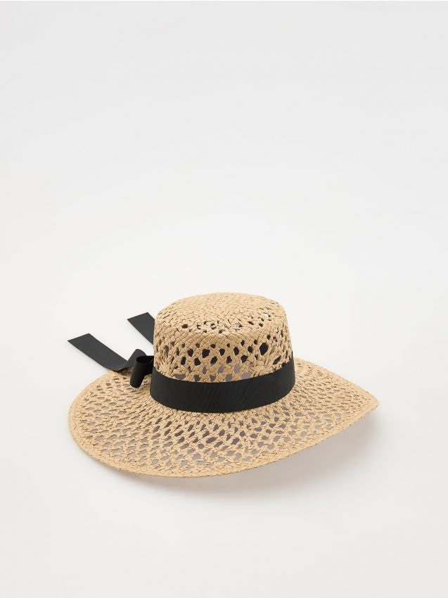 Reserved - Pleciony kapelusz z kokardą - kremowy
