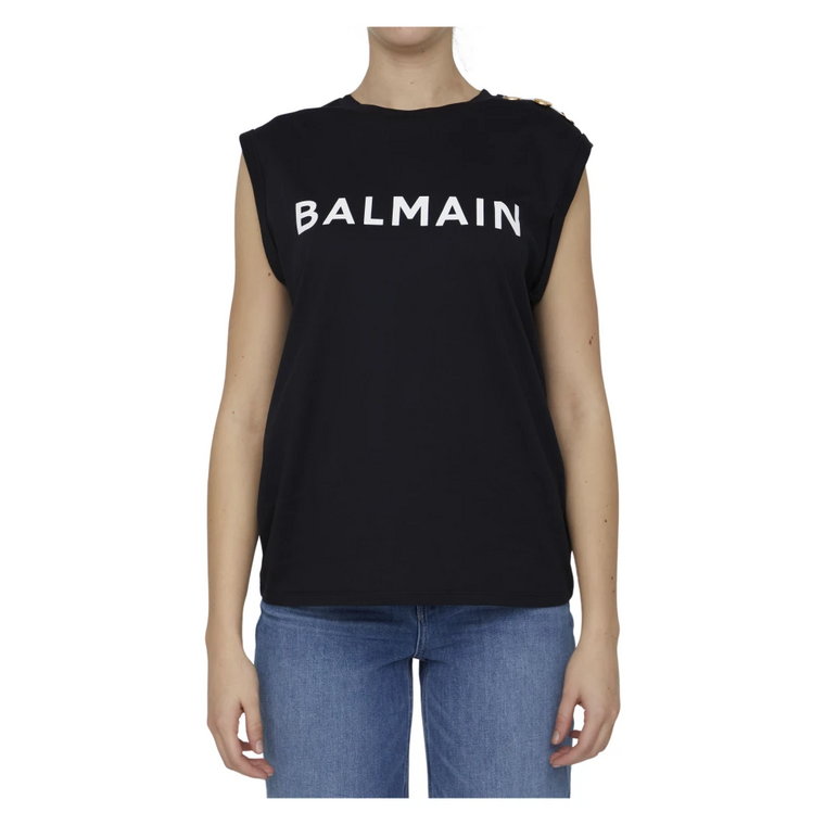 Czarny Bezrękawnik z Białym Logo Balmain