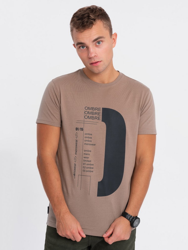 T-shirt męski bawełniany z nadrukiem - jasnobrązowy V2 OM-TSPT-0166