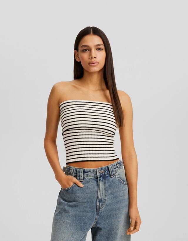 Bershka Dzianinowy Top Bandeau W Paski Kobieta L Kremowy