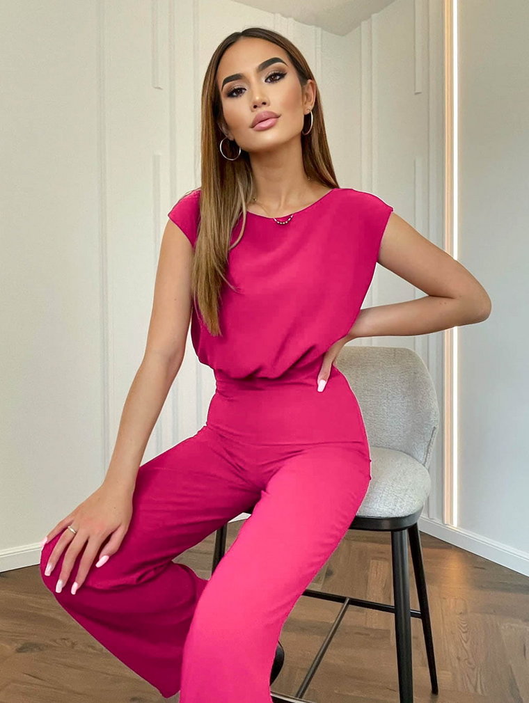 Elegancki komplet różowy fuksja bluzka z wiązaniem + szerokie spodnie Fresh