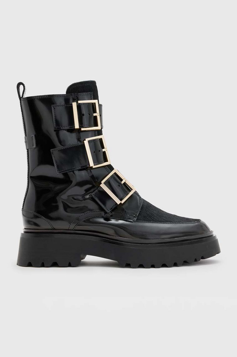 AllSaints botki skórzane Lynx Pony Boot damskie kolor czarny na płaskim obcasie WF546Z